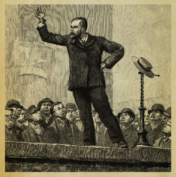 Woodcut of man speaking to a crowd.